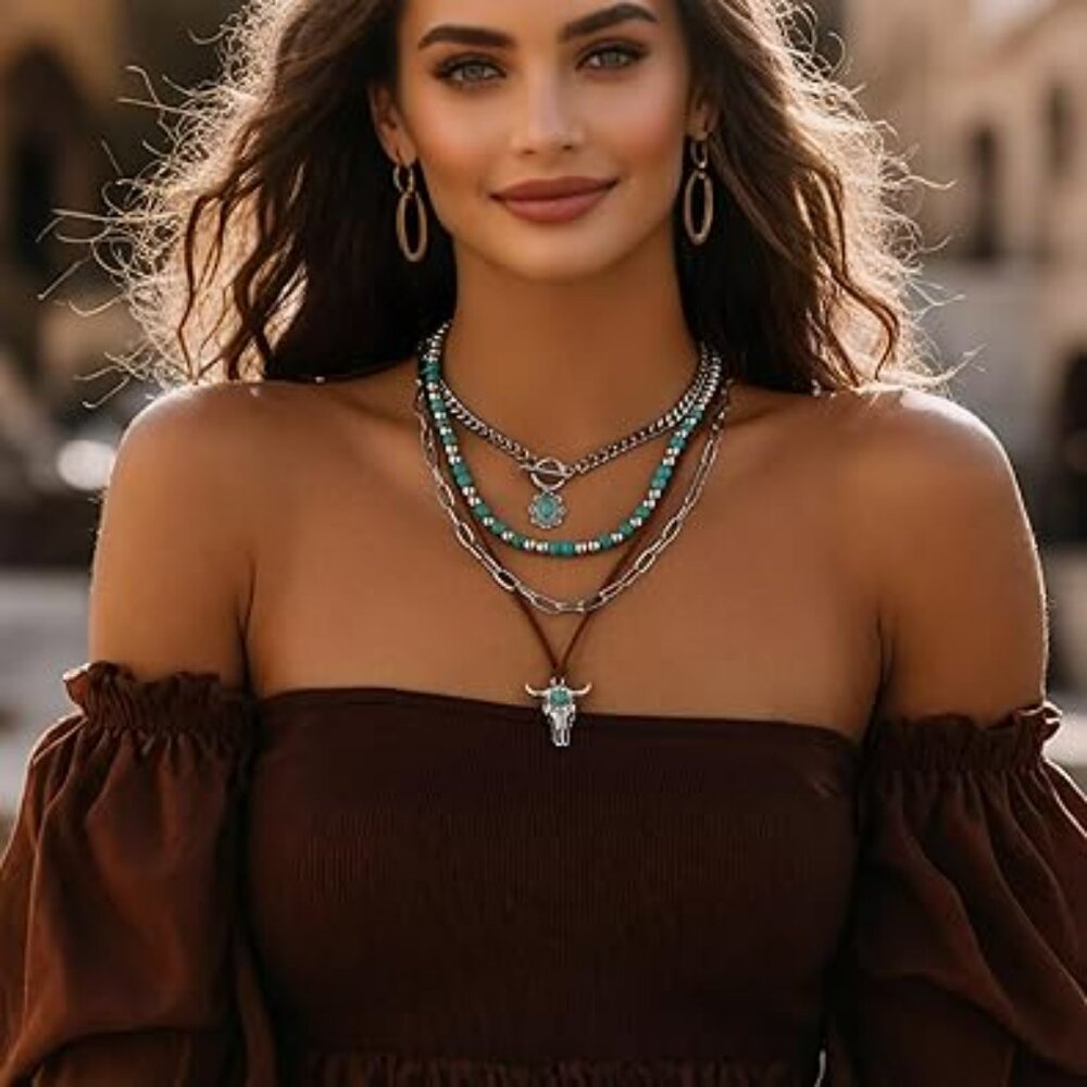 Boho‎ Layered Choker Necklace Set Turquoise Beaded Western Pendant Jewelry